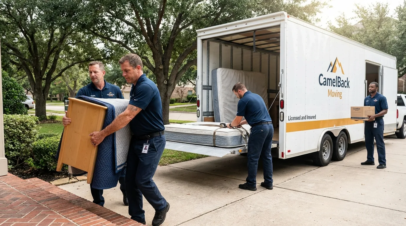 Crew loading residential truck for cross-state move from New River, AZ