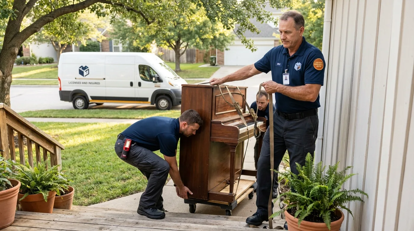Licensed piano movers securing grand piano in New River, AZ