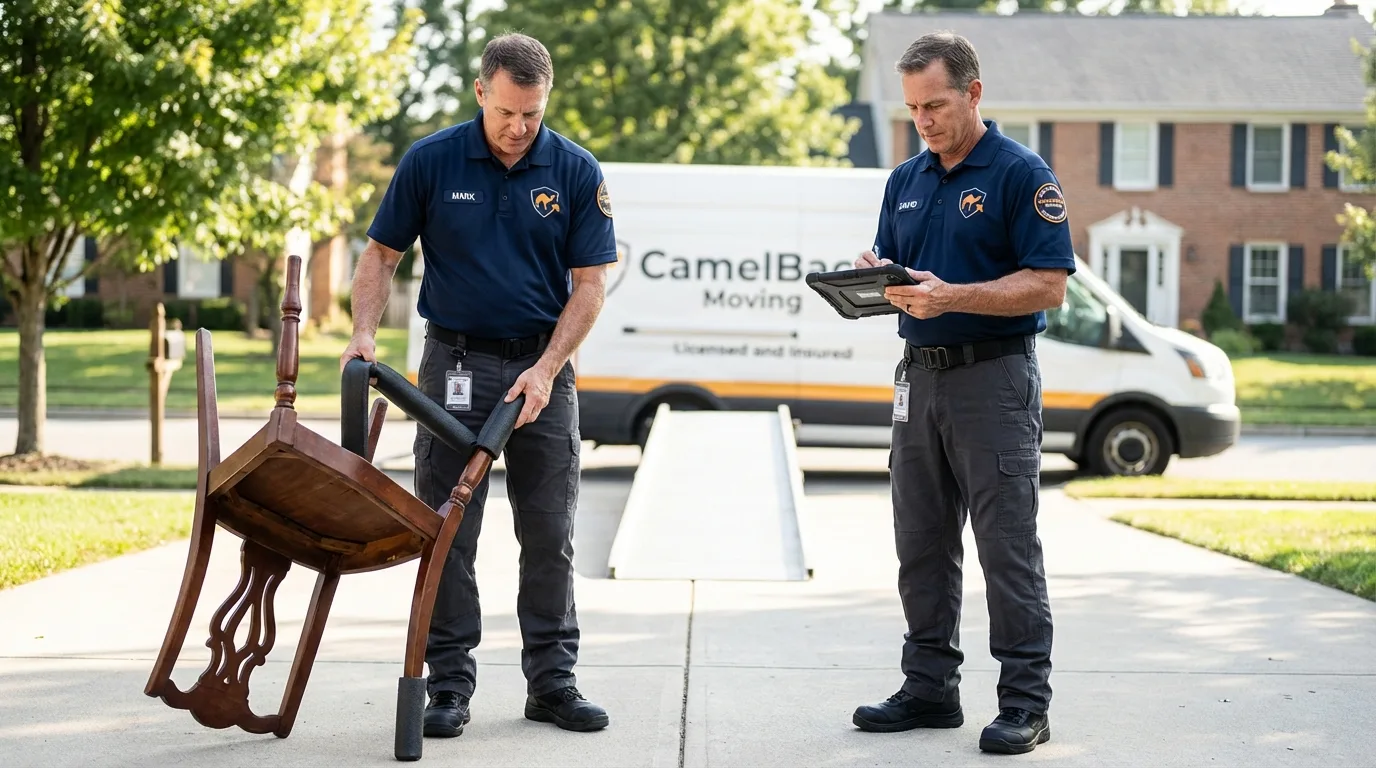 Movers inspecting furniture for damage prevention before loading in New River, AZ