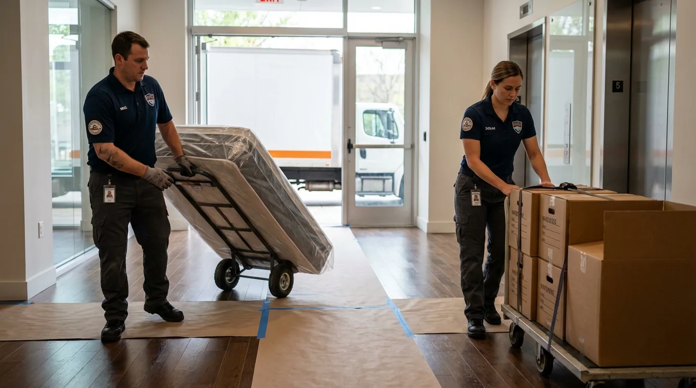 Professional apartment movers loading elevator in New River, AZ