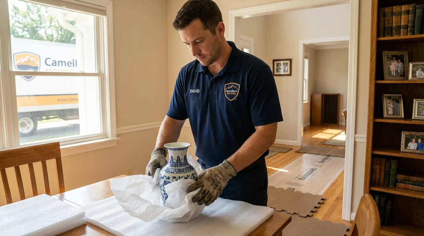 Professional crew carefully wrapping antique vase for senior downsizing move in New River, AZ